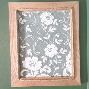 Framed lace with twine trim wall decor